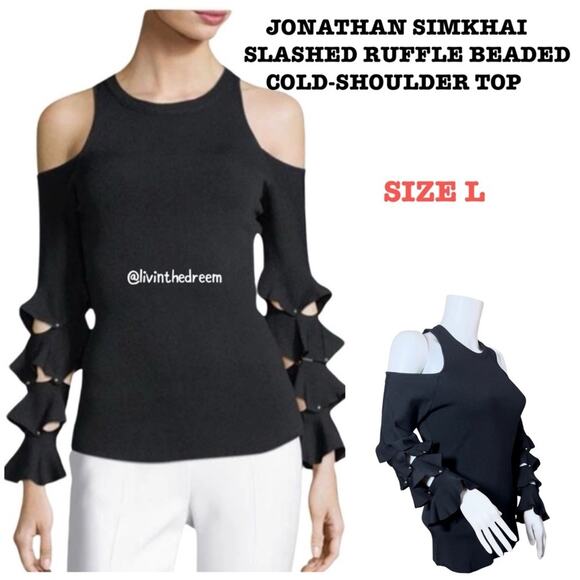 #T96 JONATHAN SIMKHAI SLASHED RUFFLE BEADED COLD-SHOULDER TOP BLACK SZ L $325 - Picture 1 of 13